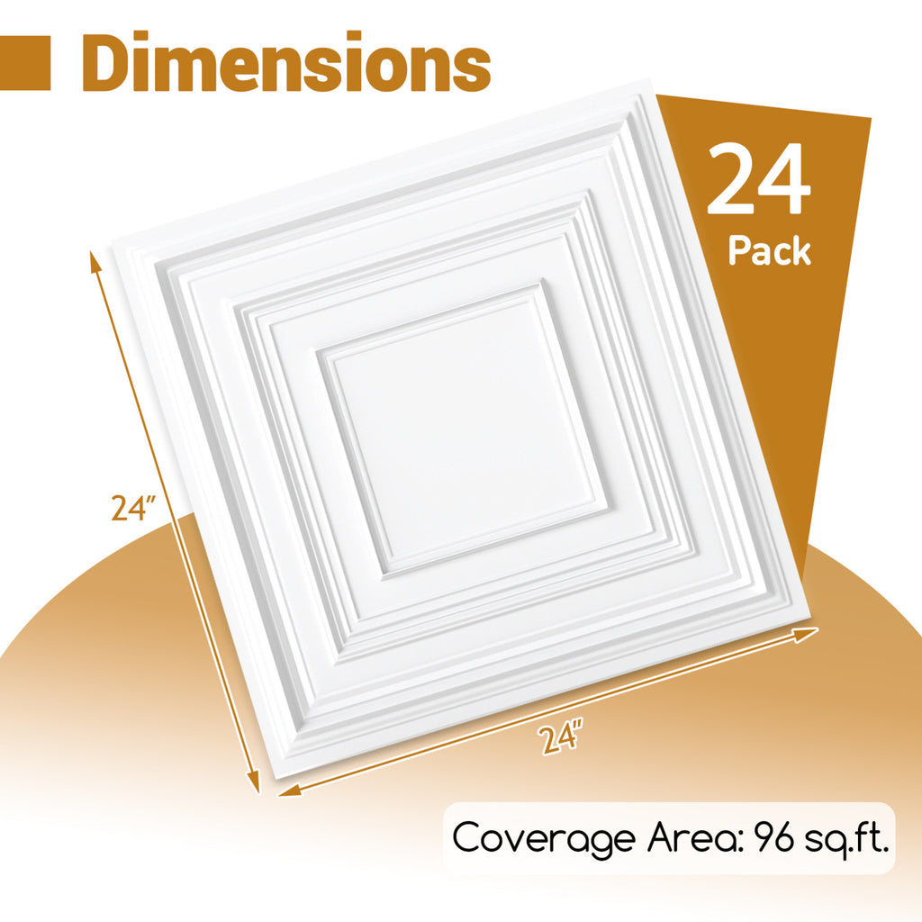 White PVC Drop Ceiling Tiles 24 x 24 Inches 3D Pattern 24-Pack - Versatile Wall and Ceiling Panels