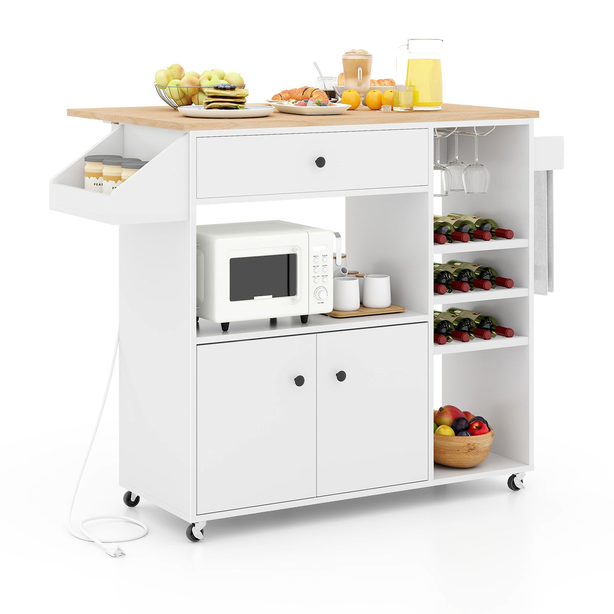 Drop Leaf Mobile Kitchen Island Cart with Power Outlet - Rustic Brown
