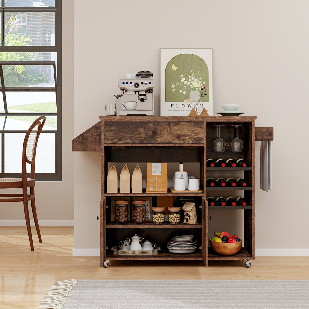 Drop Leaf Mobile Kitchen Island Cart with Power Outlet - Rustic Brown