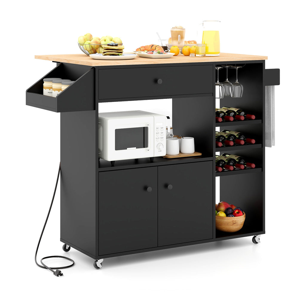 Drop Leaf Mobile Kitchen Island Cart with Power Outlet - Rustic Brown