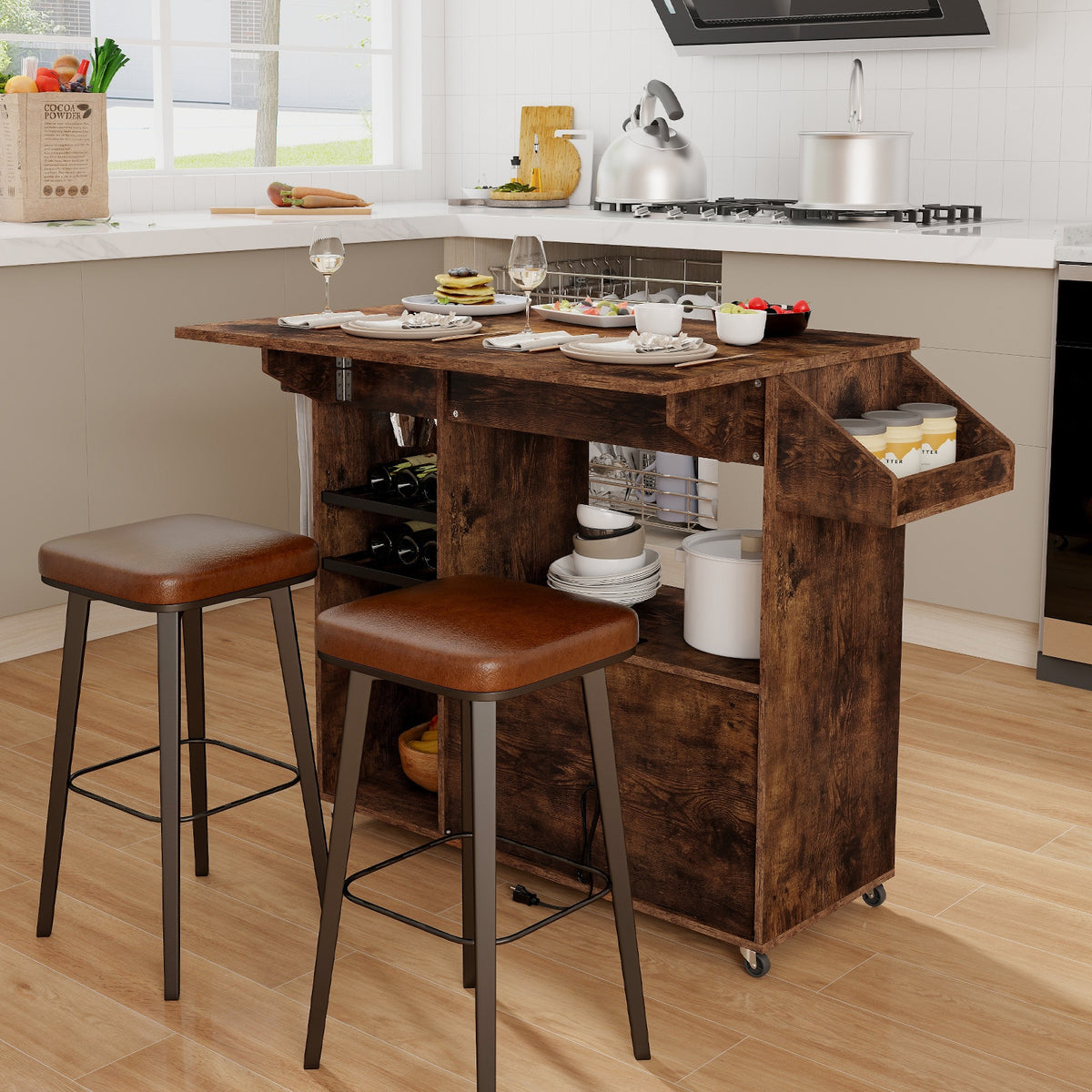 Drop Leaf Mobile Kitchen Island Cart with Power Outlet - Rustic Brown