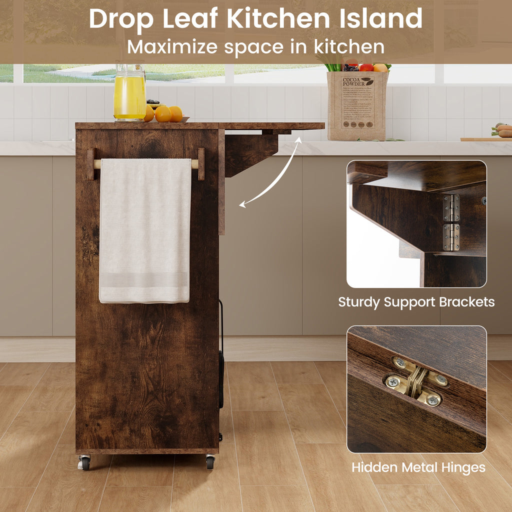 Drop Leaf Mobile Kitchen Island Cart with Power Outlet - Rustic Brown