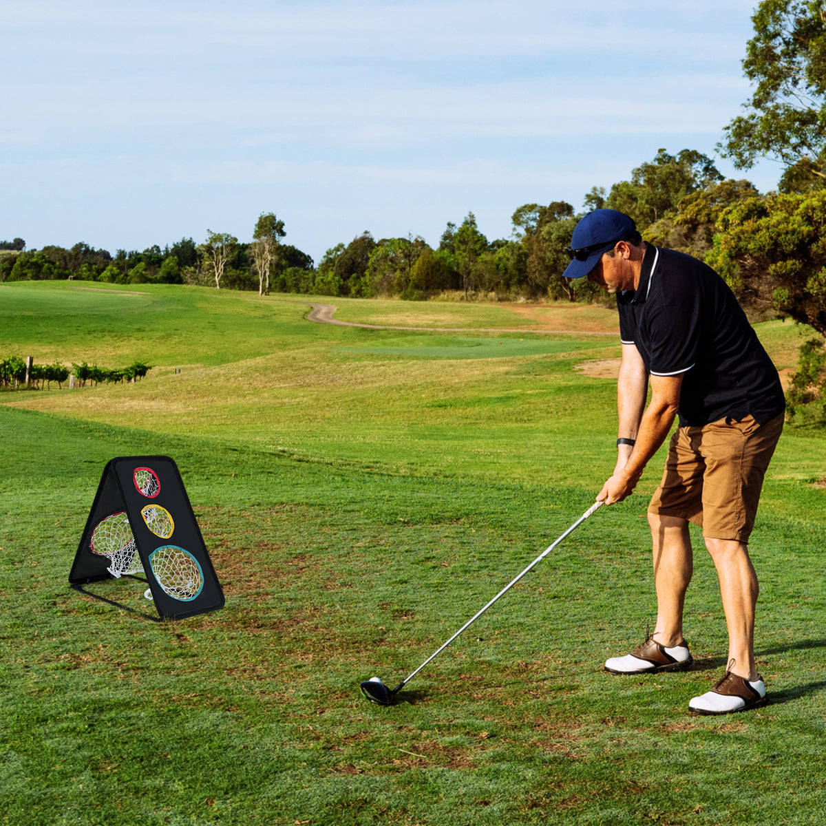 Dual-Sided Golf Chipping Net with 5 Target Holes - Indoor Outdoor Practice System