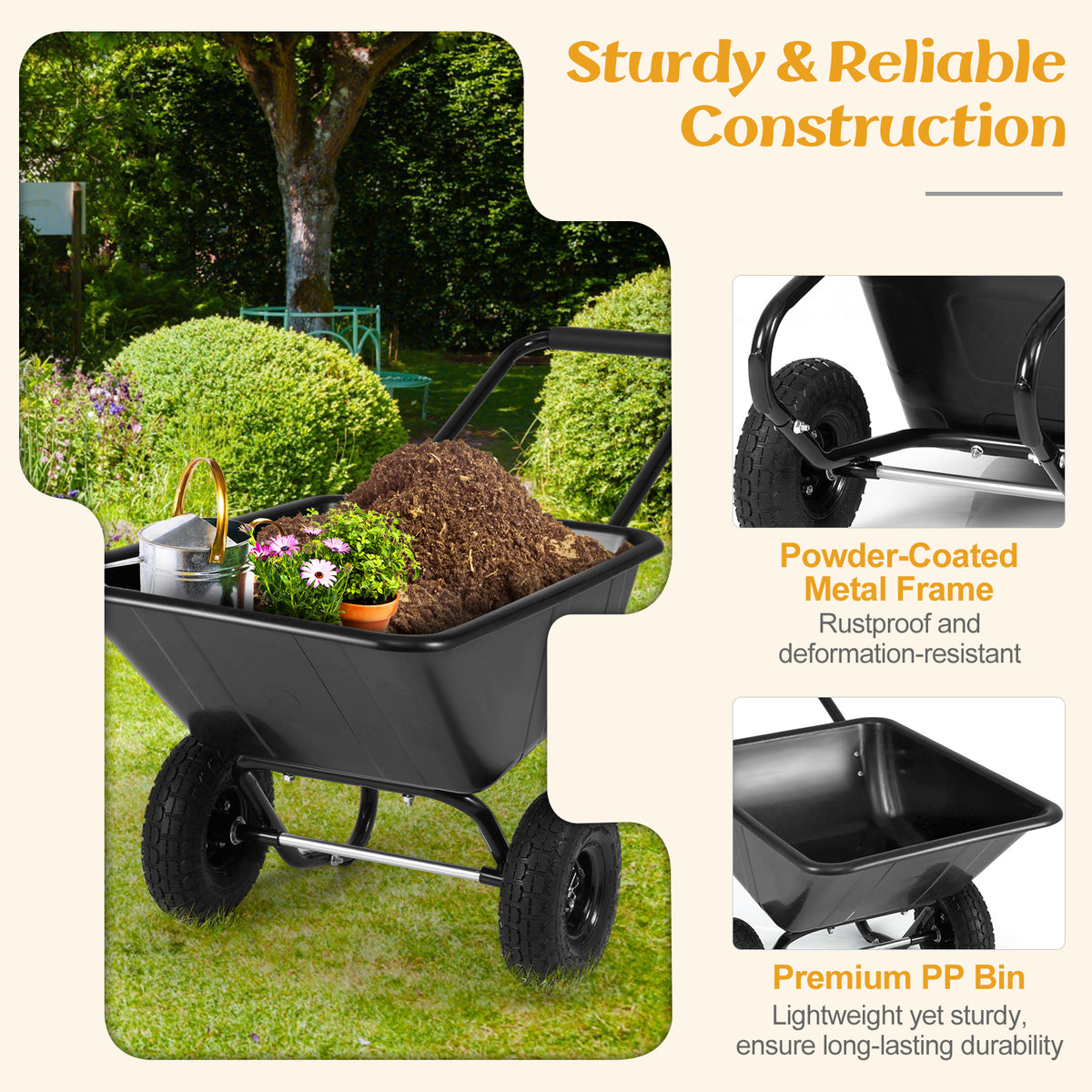 Dual-Wheel Wheelbarrow Garden Utility Cart with Pneumatic Tires