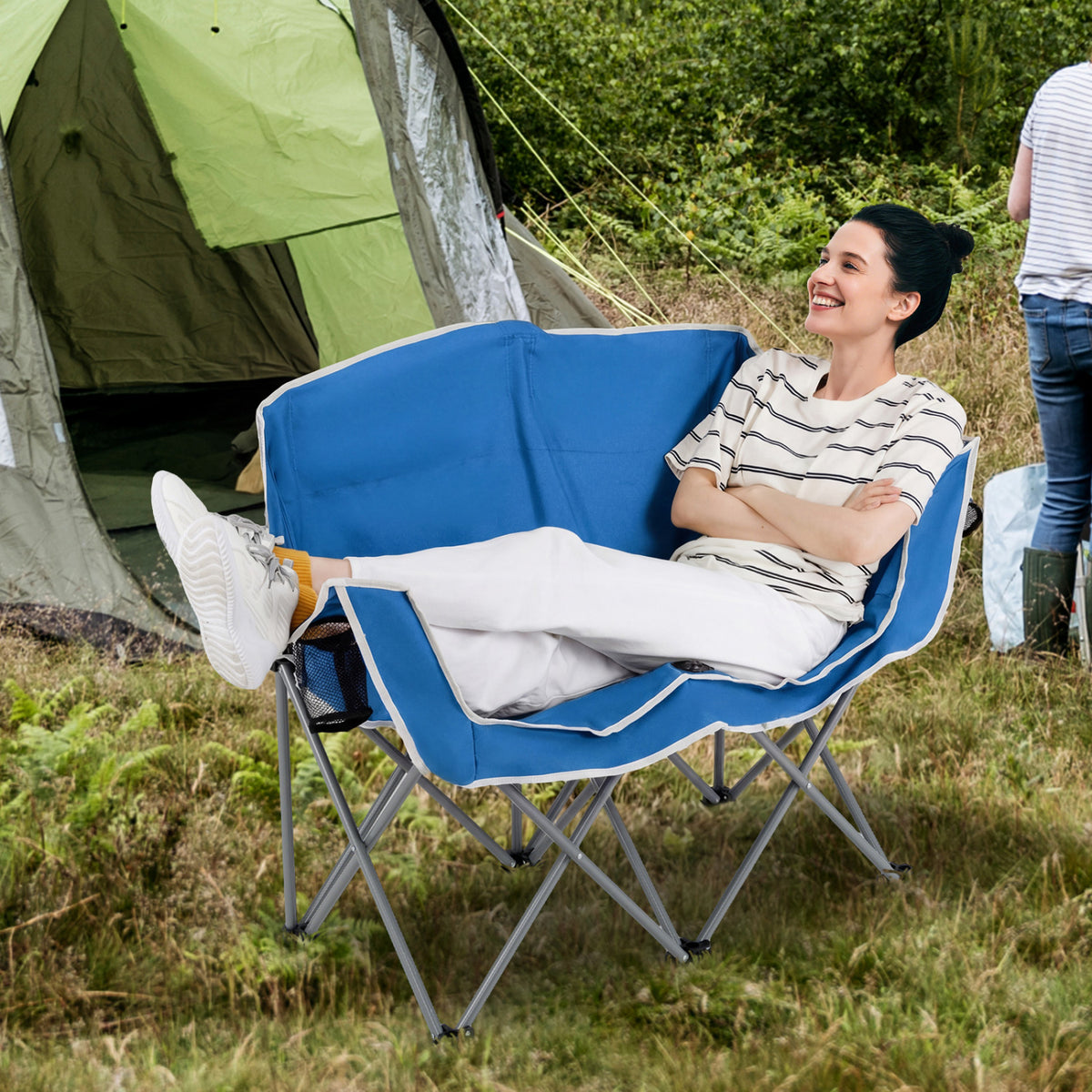 Duo Camping Chair Portable Loveseat with Armrests & Cup Holders - Blue