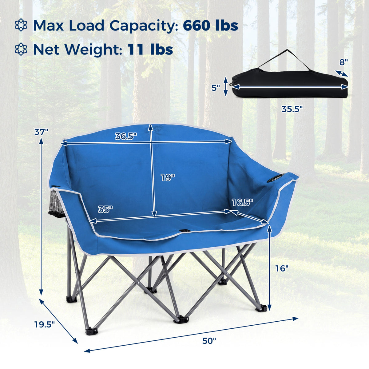 Duo Camping Chair Portable Loveseat with Armrests & Cup Holders - Blue