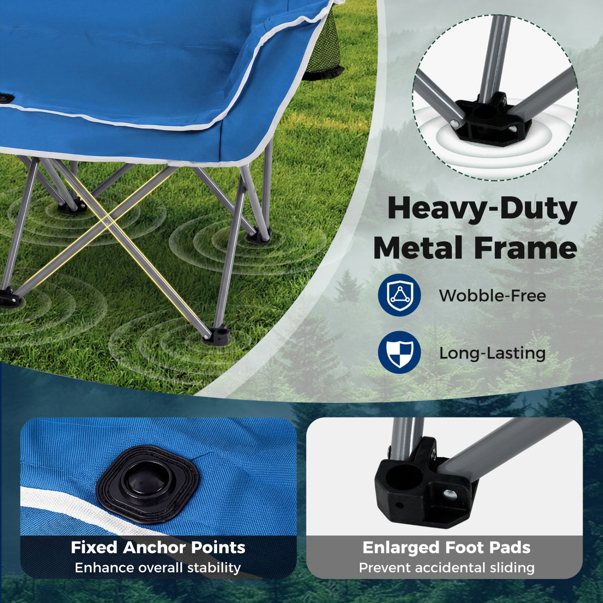 Duo Camping Chair Portable Loveseat with Armrests & Cup Holders - Blue