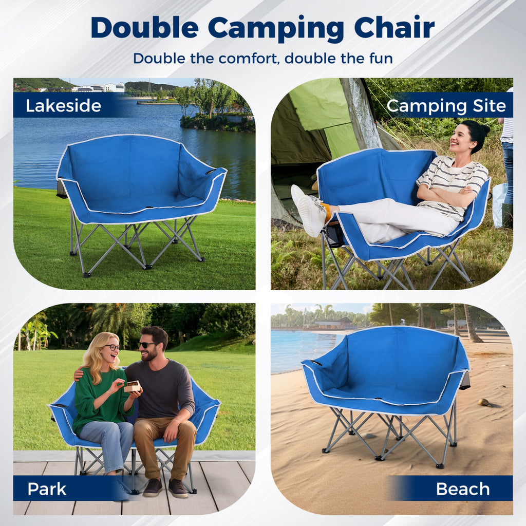 Duo Camping Chair Portable Loveseat with Armrests & Cup Holders - Blue
