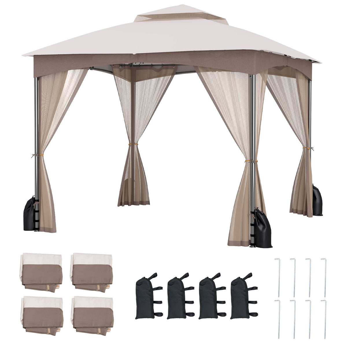 10 x 10 FT Patio Gazebo with Netting Walls & Sandbags - Gray