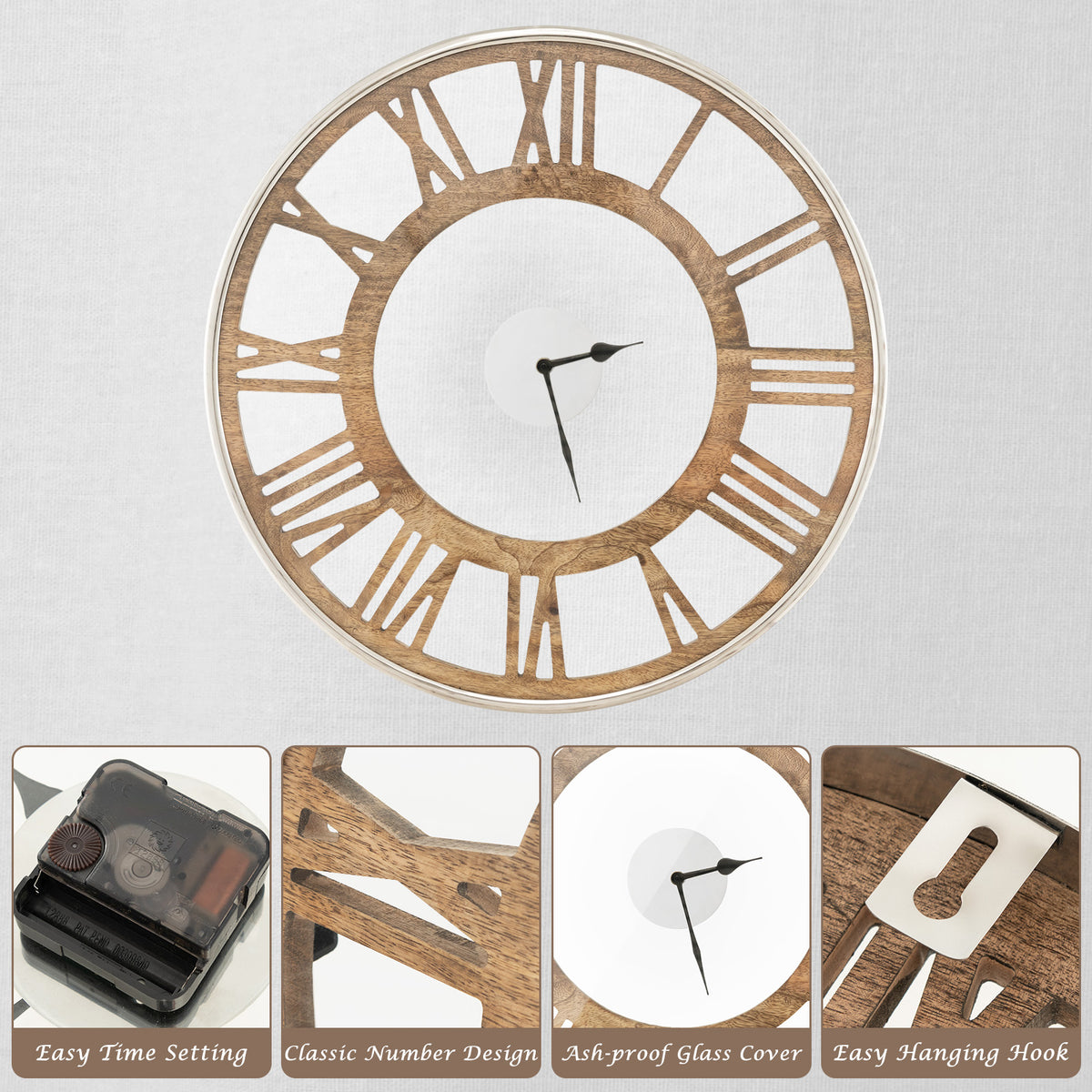 Silent Wall Clock 16/20 Inch with Classic Frame and Roman Numerals - Variation L