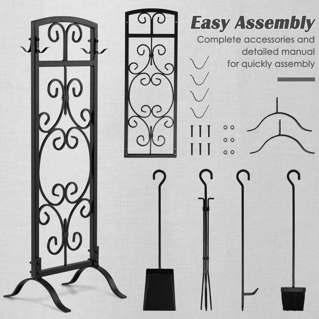 5 Piece Wrought Iron Fireplace Tools with Decor Holder