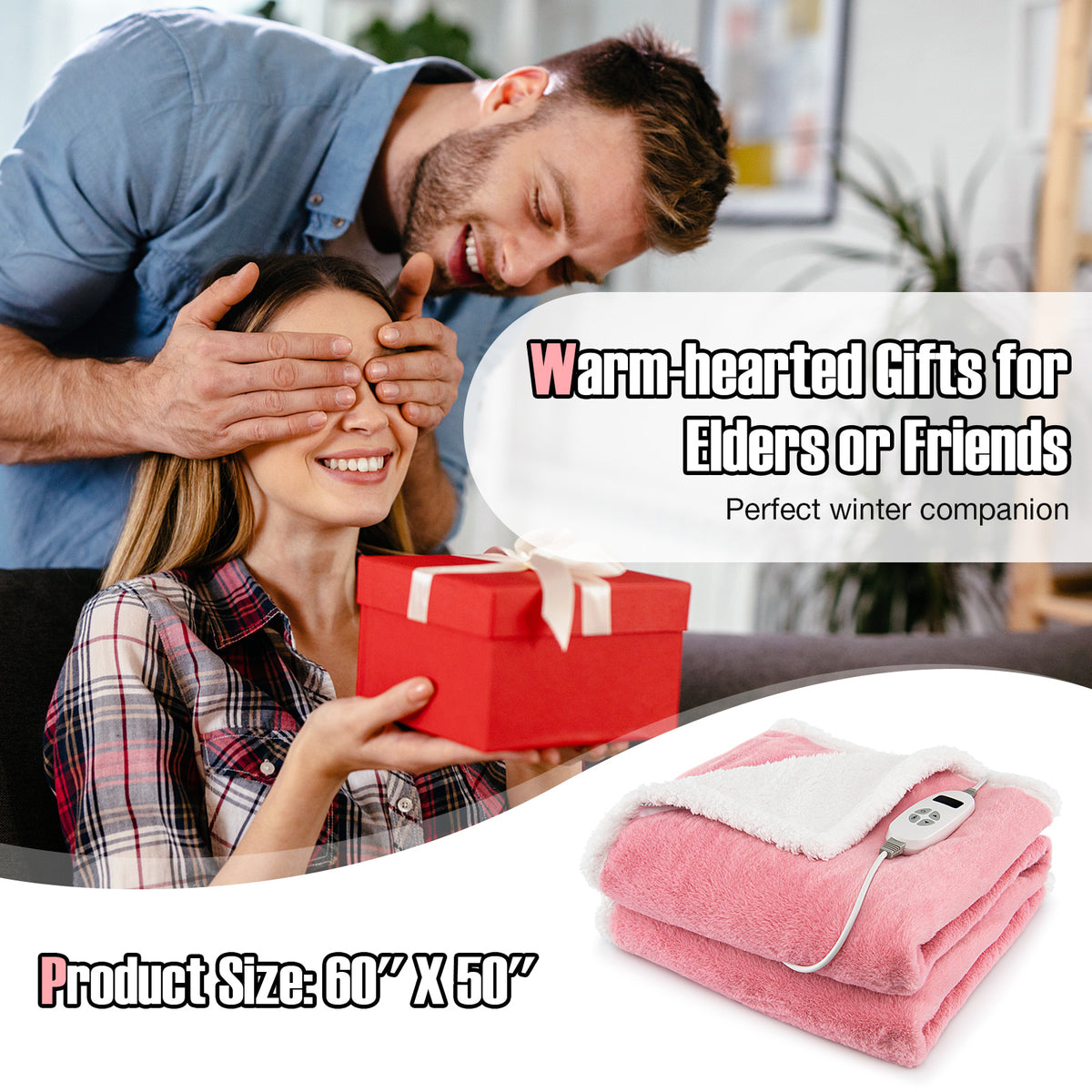 Electric Heated Blanket Throw, Pink - 10 Heat Settings