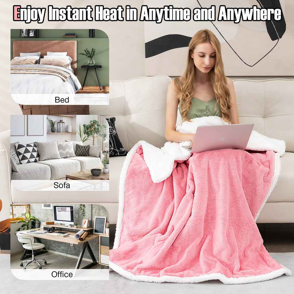 Electric Heated Blanket Throw, Pink - 10 Heat Settings
