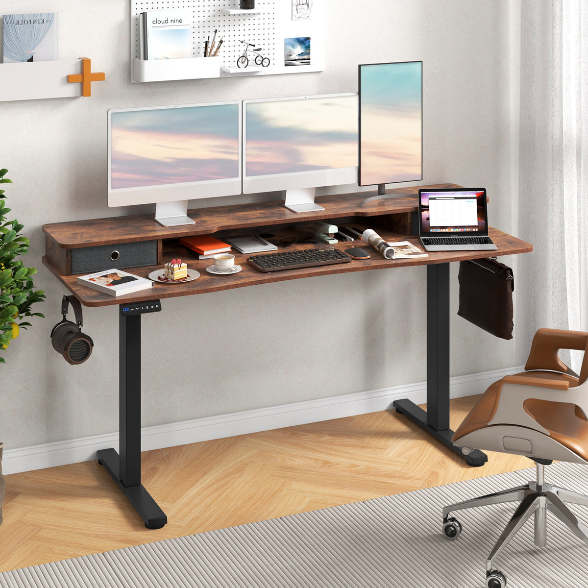 63"x24" Electric Standing Desk with Drawers - Rustic Brown