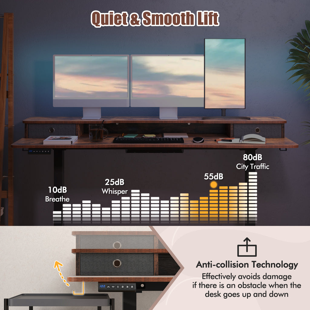 63"x24" Electric Standing Desk with Drawers - Rustic Brown