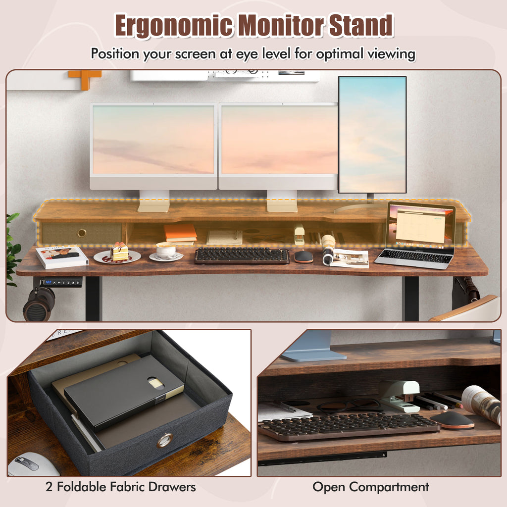 63"x24" Electric Standing Desk with Drawers - Rustic Brown