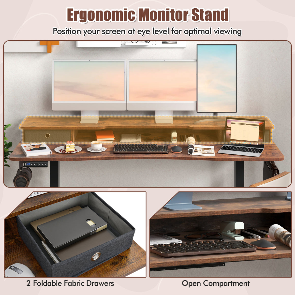 63"x24" Electric Standing Desk with Drawers - Rustic Brown