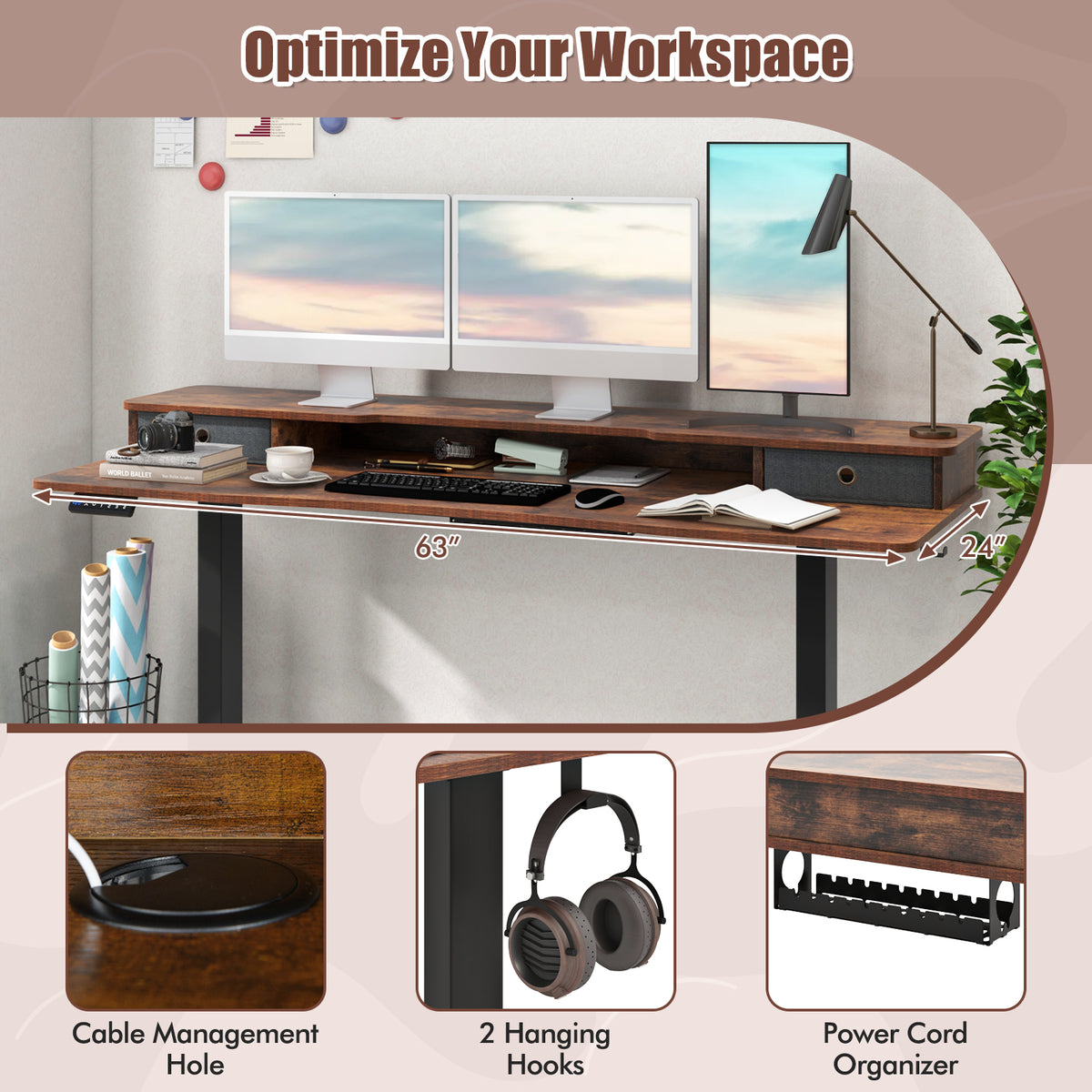63"x24" Electric Standing Desk with Drawers - Rustic Brown