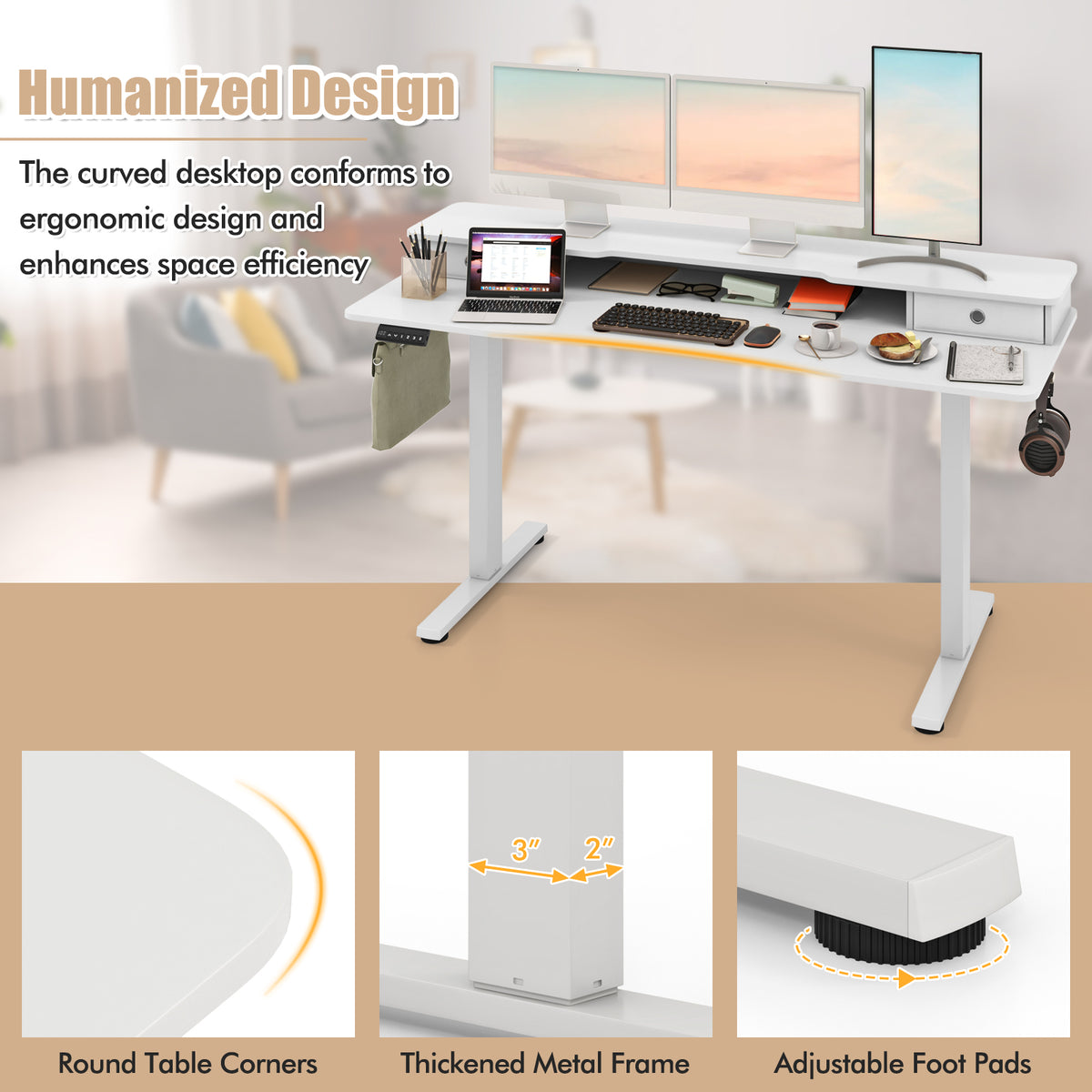 63 Inch x 24 Electric Standing Desk with 2 Drawers