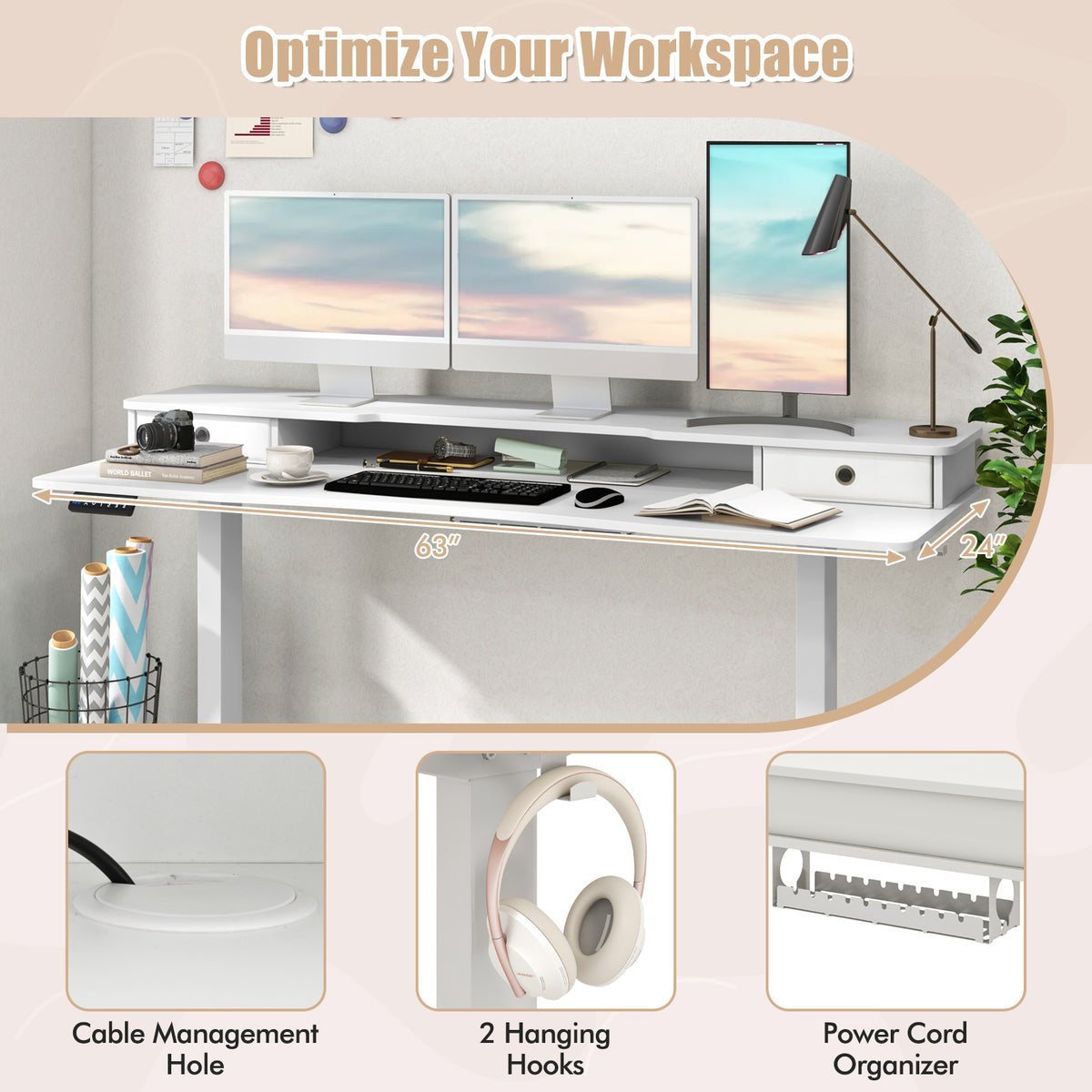 63 Inch x 24 Electric Standing Desk with 2 Drawers