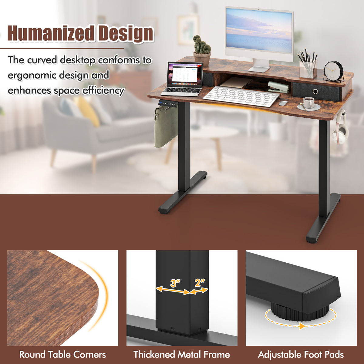 48" x 24" Height Adjustable Electric Standing Desk, Rustic Brown