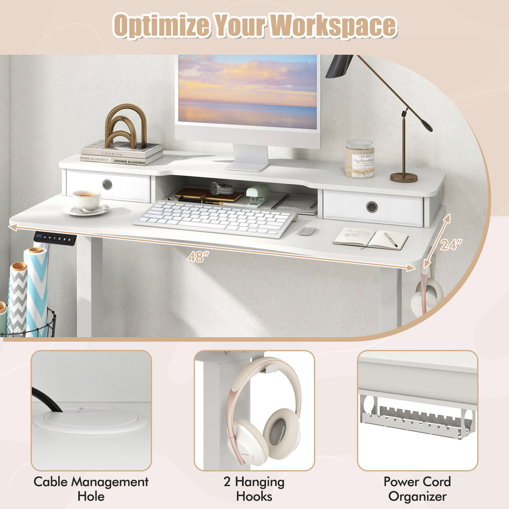 48 Inch x 24 Height Adjustable Electric Standing Desk with 2 Drawers