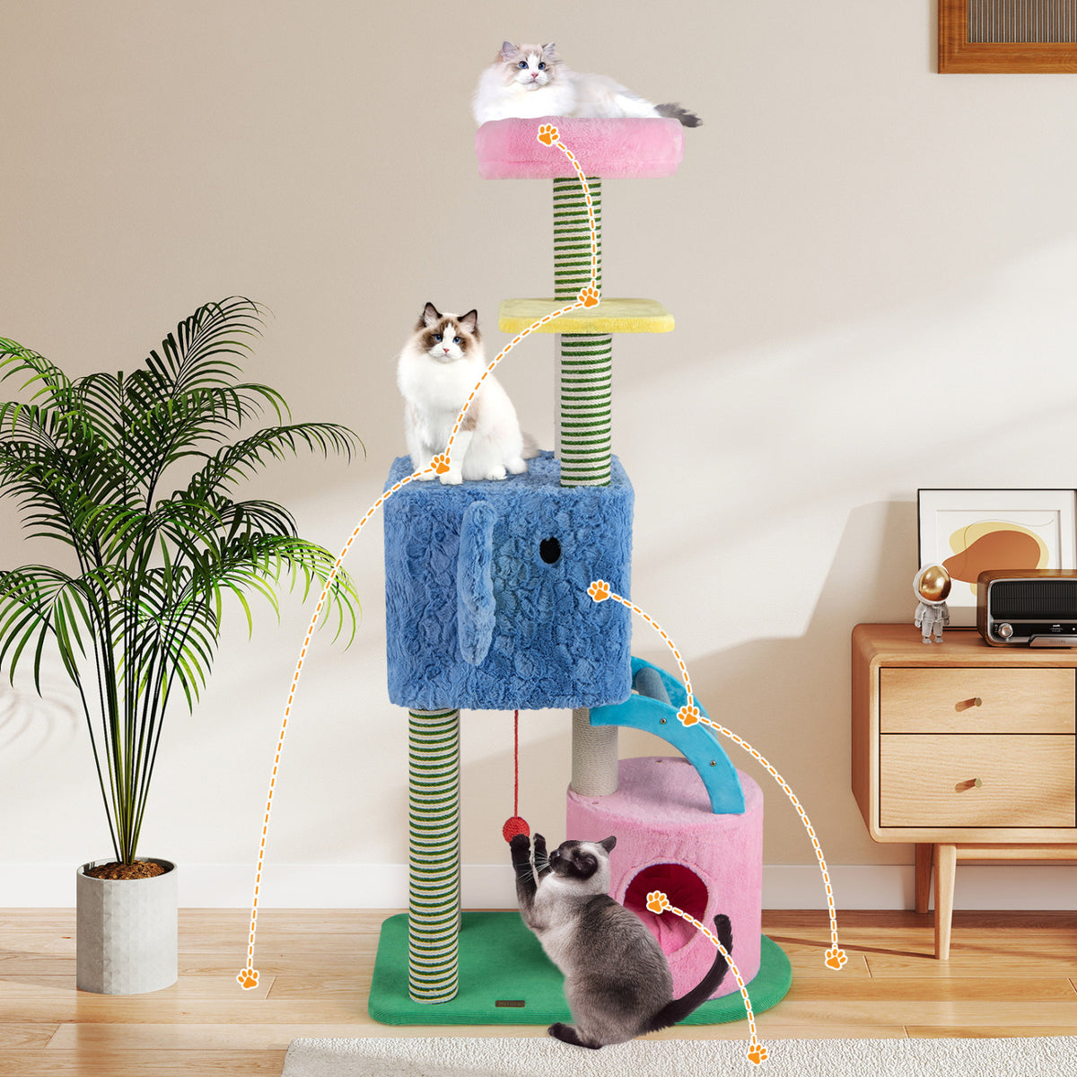 Blue Elephant Themed Cat Tree with Multi-Level Condos & Scratching Posts