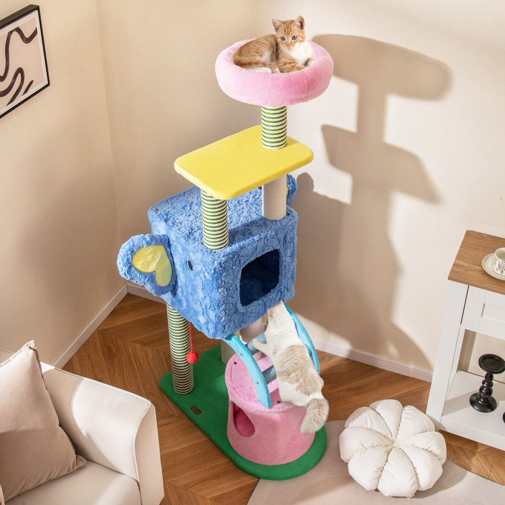 Blue Elephant Themed Cat Tree with Multi-Level Condos & Scratching Posts