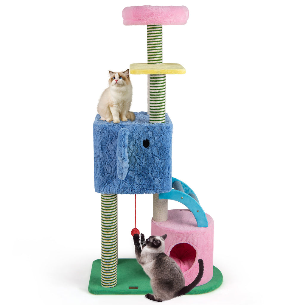 Blue Elephant Themed Cat Tree with Multi-Level Condos & Scratching Posts