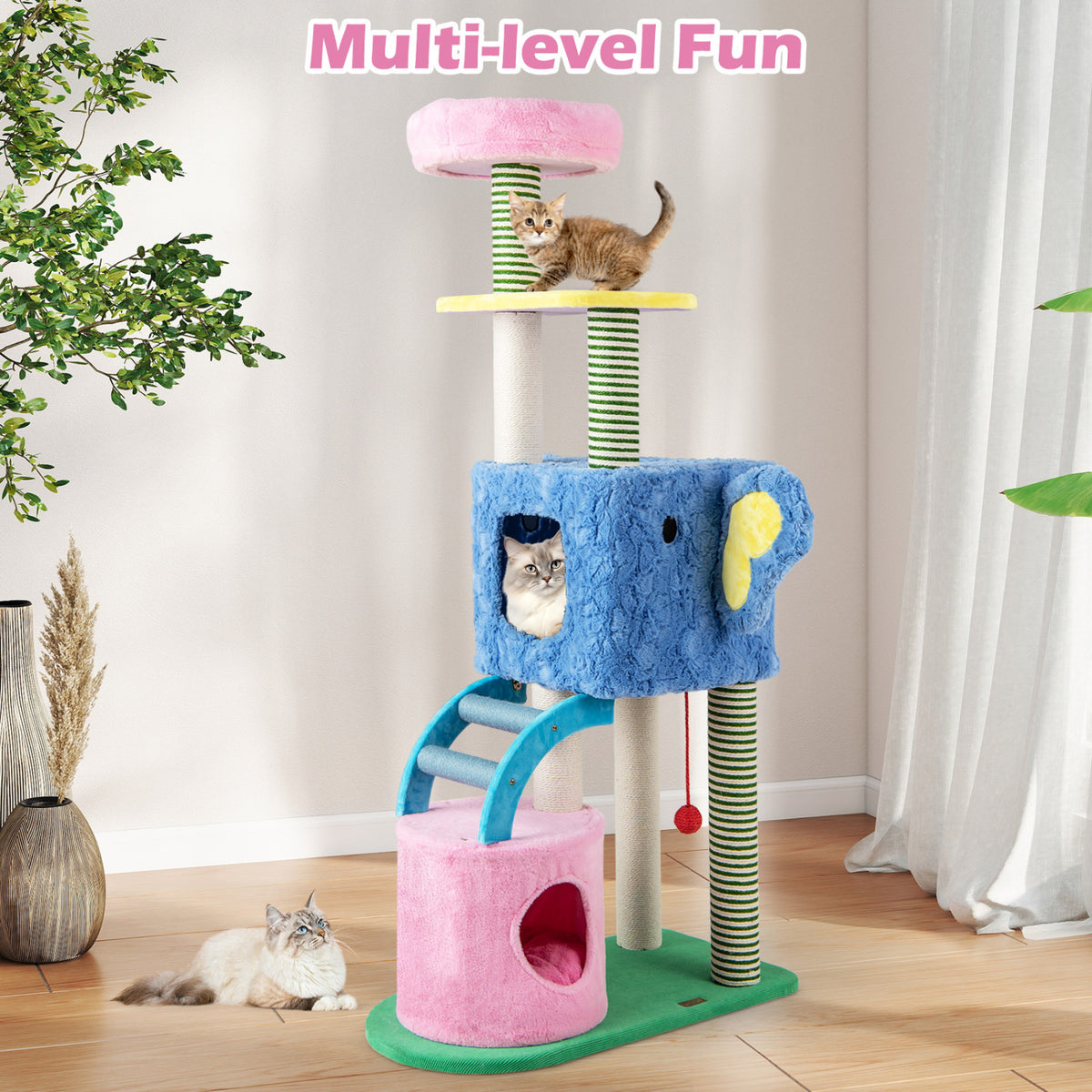 Blue Elephant Themed Cat Tree with Multi-Level Condos & Scratching Posts
