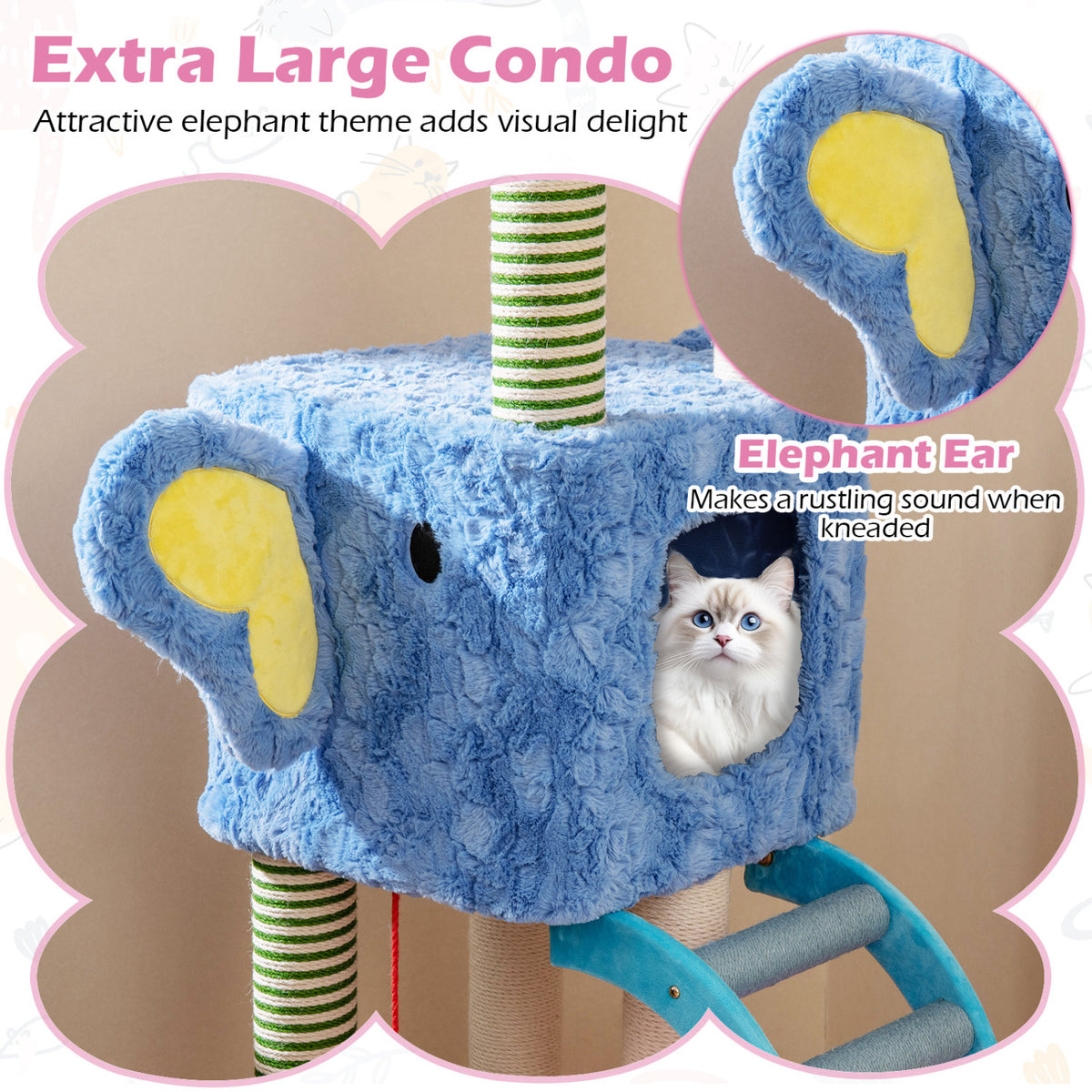 Blue Elephant Themed Cat Tree with Multi-Level Condos & Scratching Posts