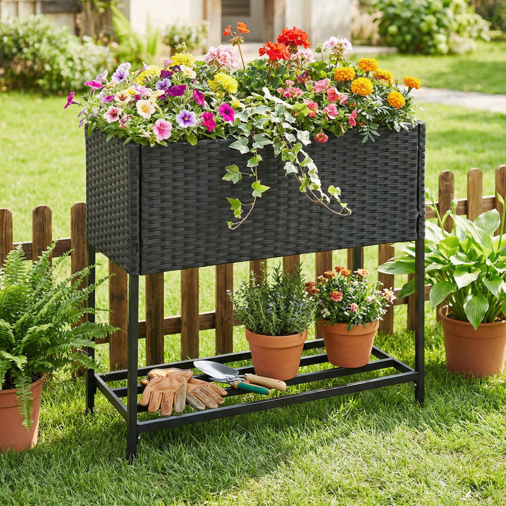 Elevated Garden Planter with Rattan Finish Bottom Shelf