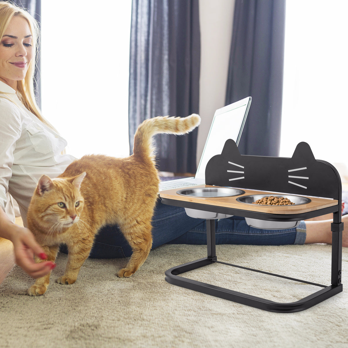 Adjustable Elevated Pet Feeder with Stainless Steel Bowls for Cats & Small Medium Dogs