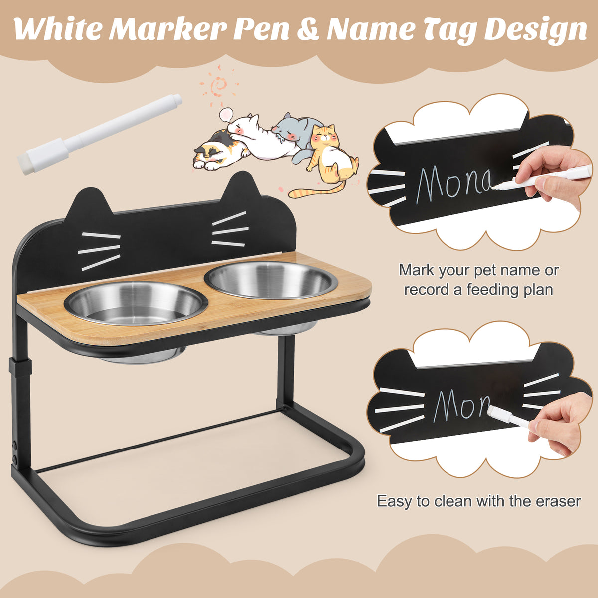 Adjustable Elevated Pet Feeder with Stainless Steel Bowls for Cats & Small Medium Dogs