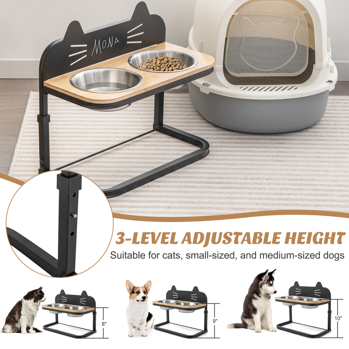 Adjustable Elevated Pet Feeder with Stainless Steel Bowls for Cats & Small Medium Dogs