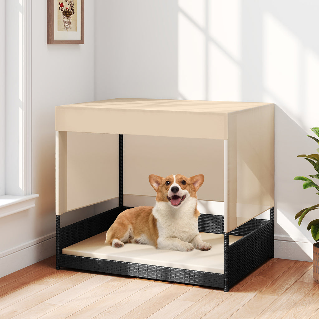 Elevated Wicker Dog House with Canopy - Small to Medium Breeds, Black Rattan Bed