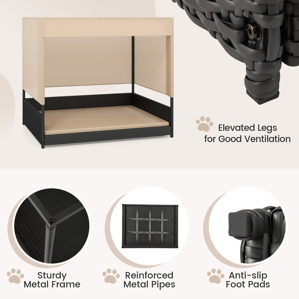 Elevated Wicker Dog House with Canopy - Small to Medium Breeds, Black Rattan Bed