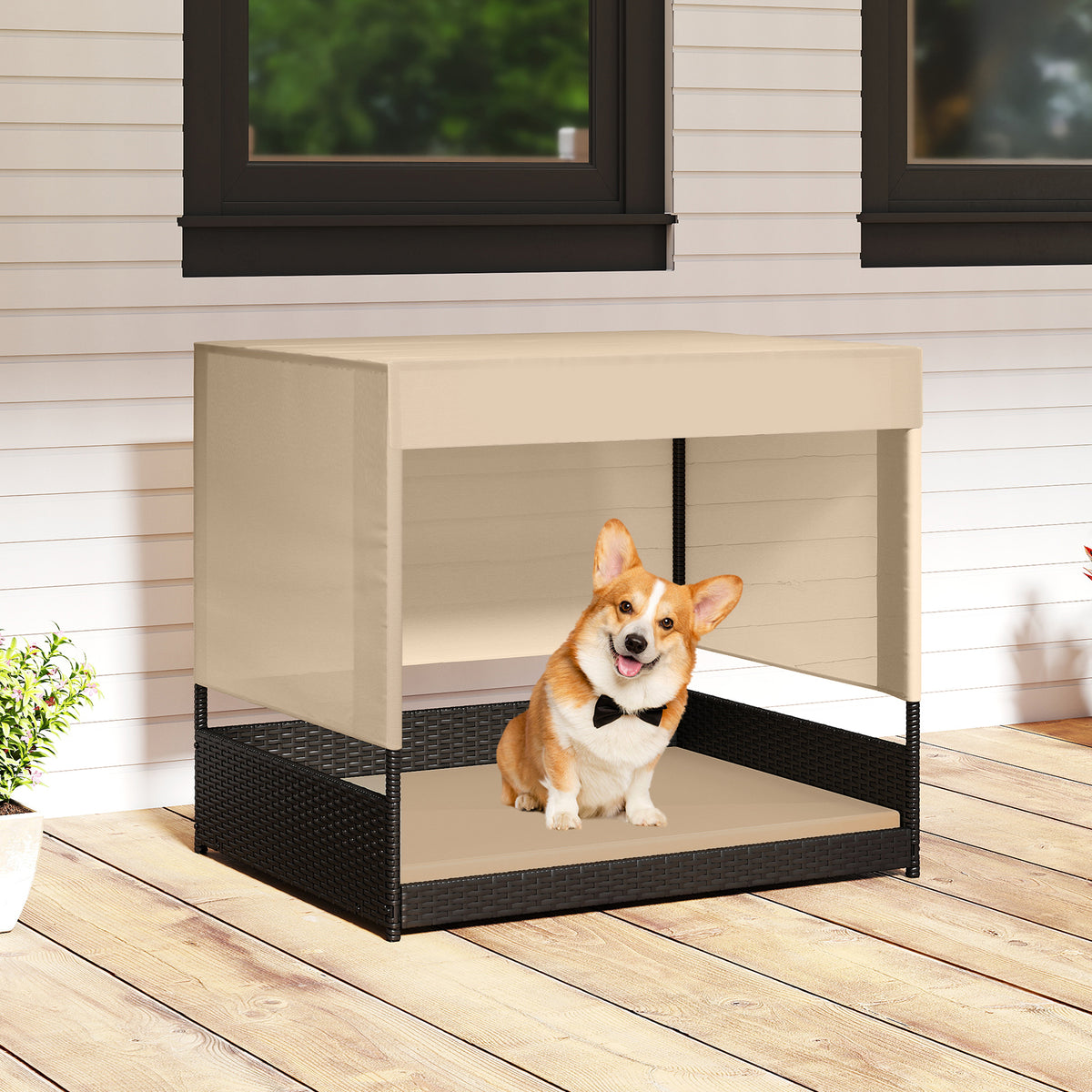 Elevated Wicker Dog House with Canopy - Small to Medium Breeds, Black Rattan Bed