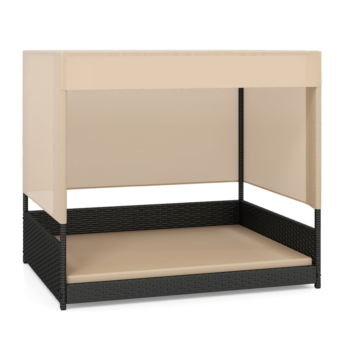Elevated Wicker Dog House with Canopy - Small to Medium Breeds, Black Rattan Bed