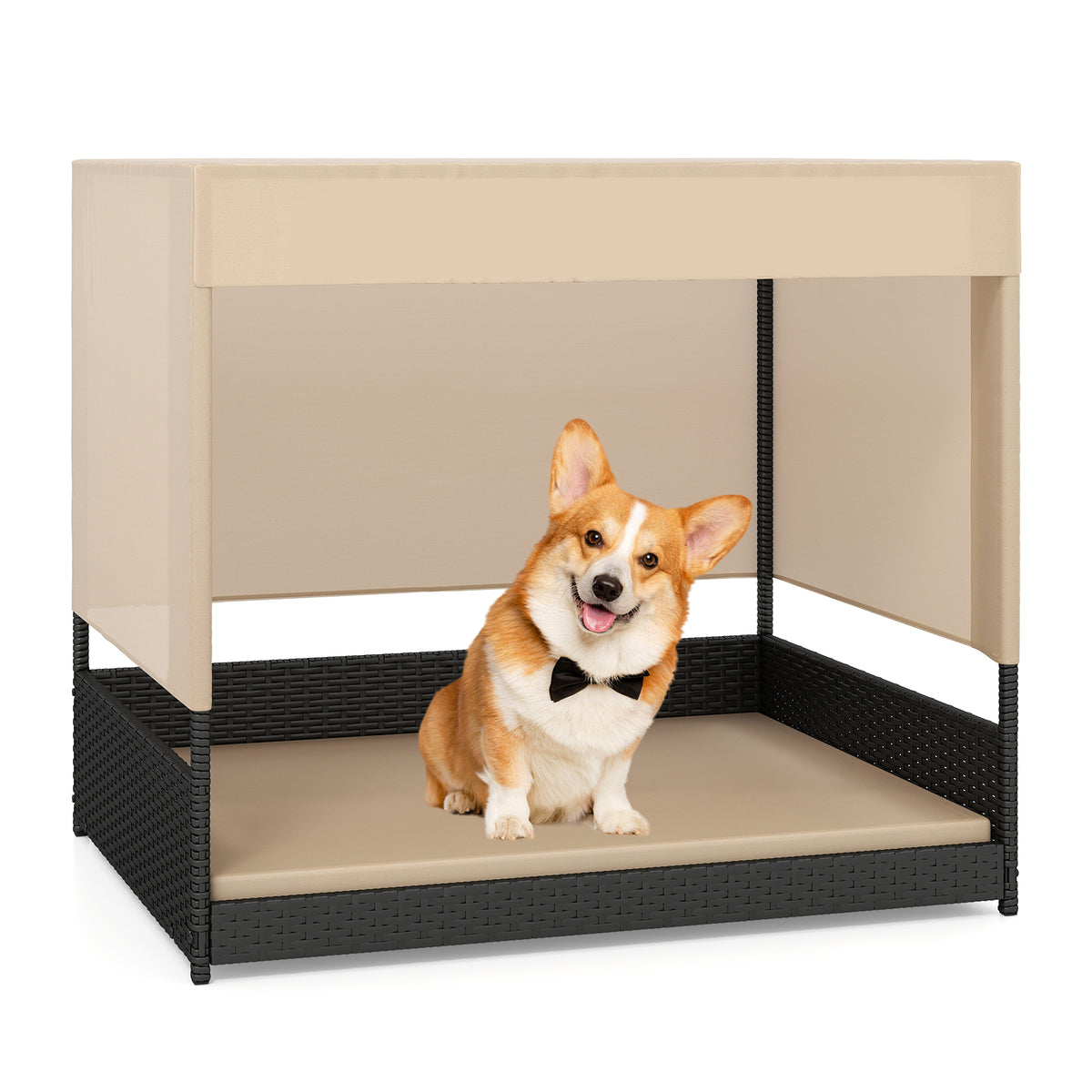 Elevated Wicker Dog House with Canopy - Small to Medium Breeds, Black Rattan Bed