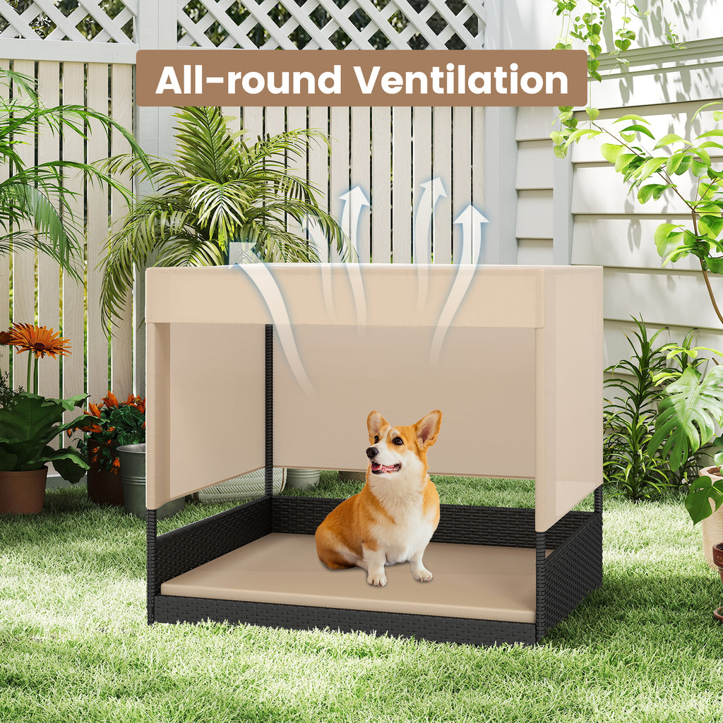 Elevated Wicker Dog House with Canopy - Small to Medium Breeds, Black Rattan Bed