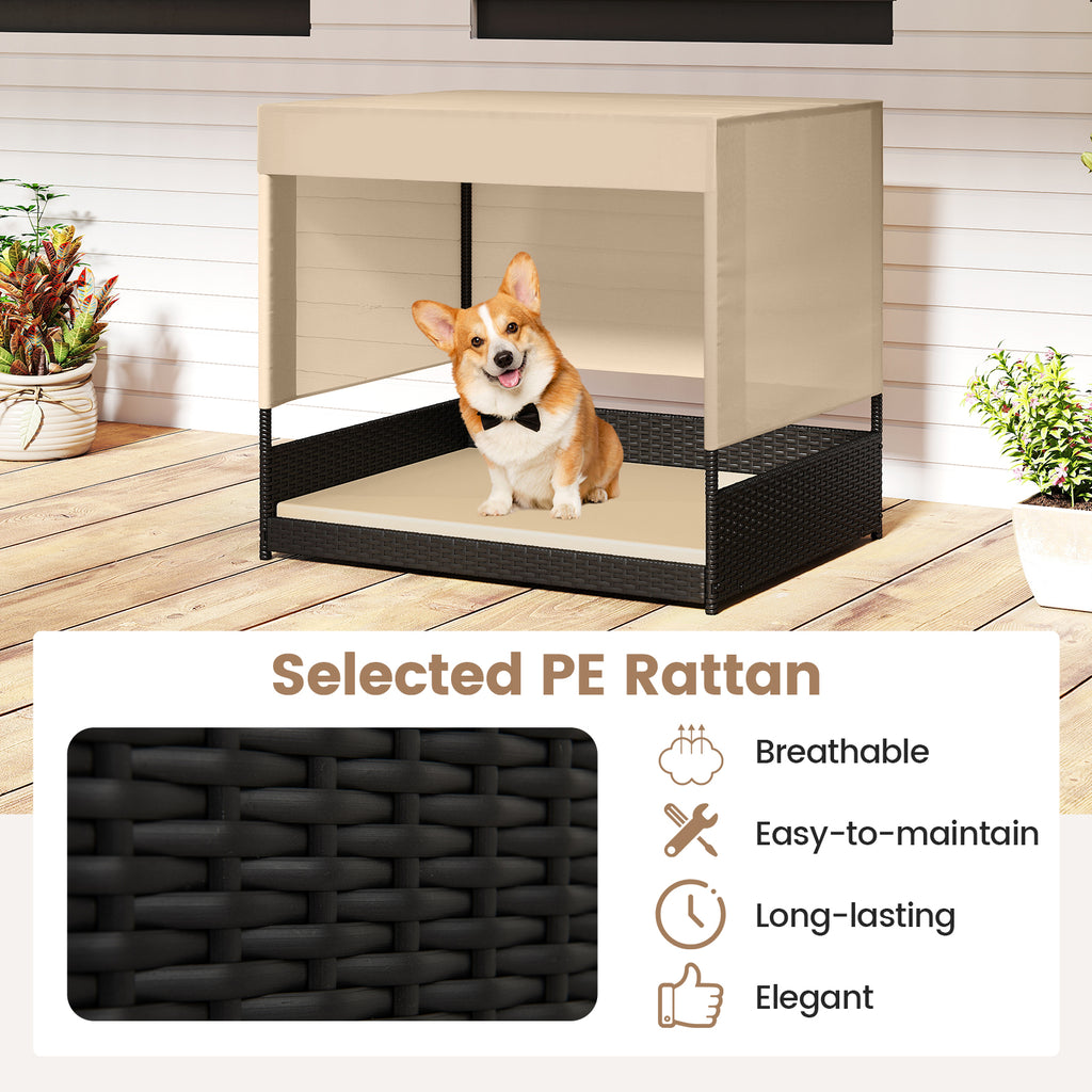 Elevated Wicker Dog House with Canopy - Small to Medium Breeds, Black Rattan Bed