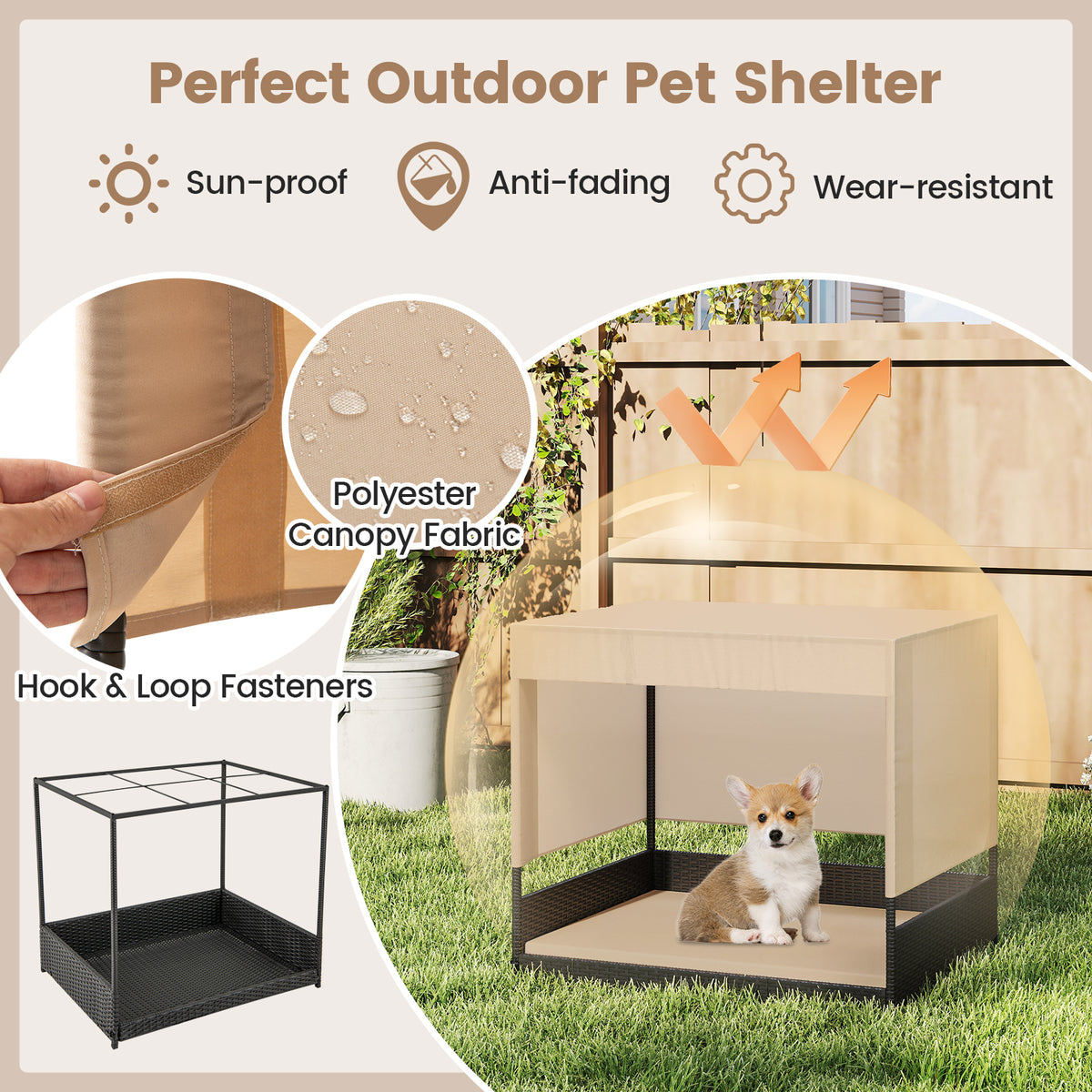 Elevated Wicker Dog House with Canopy - Small to Medium Breeds, Black Rattan Bed
