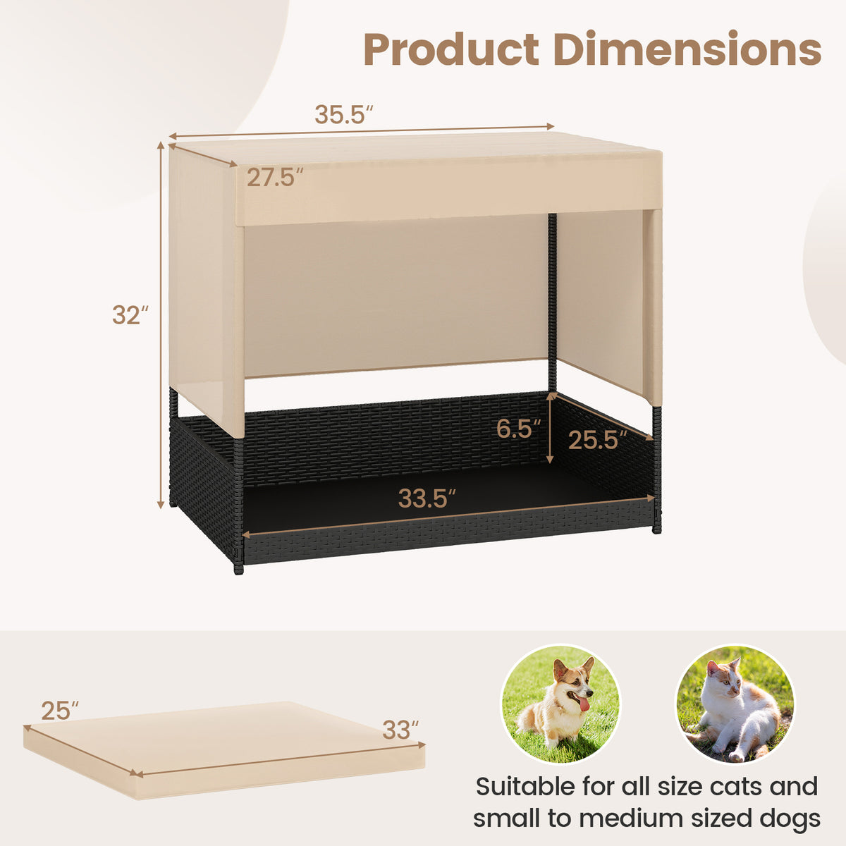 Elevated Wicker Dog House with Canopy - Small to Medium Breeds, Black Rattan Bed