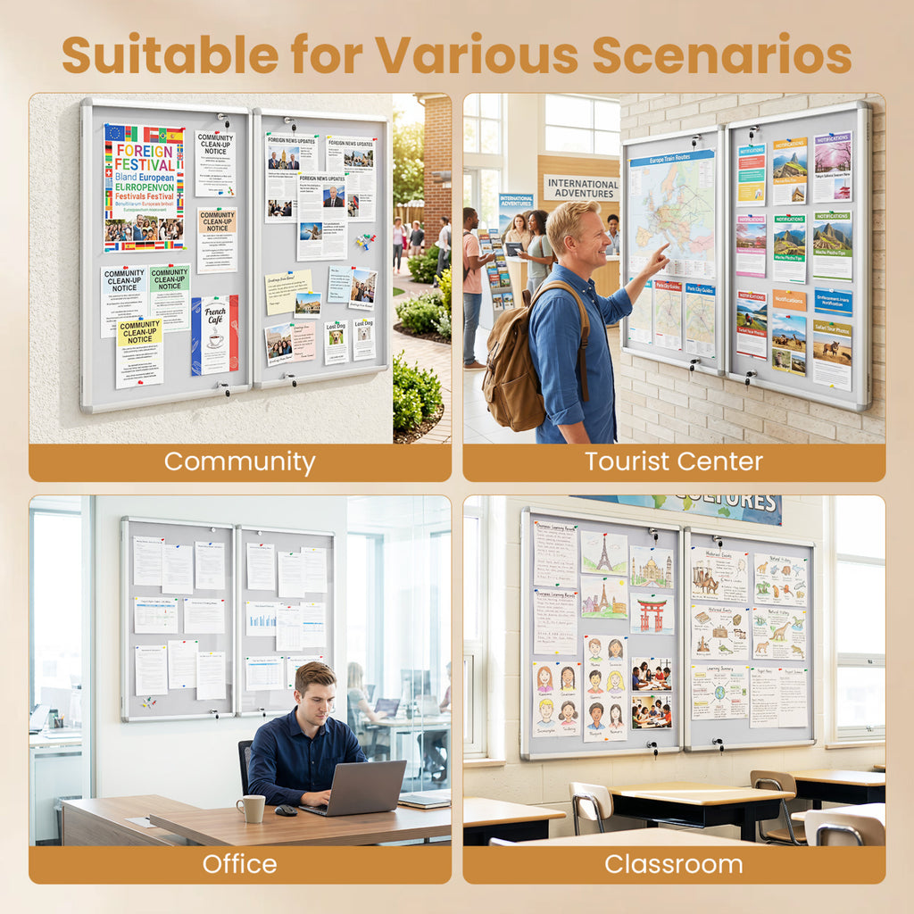 Enclosed Bulletin Board Lockable Cork Notice with Aluminum Frame