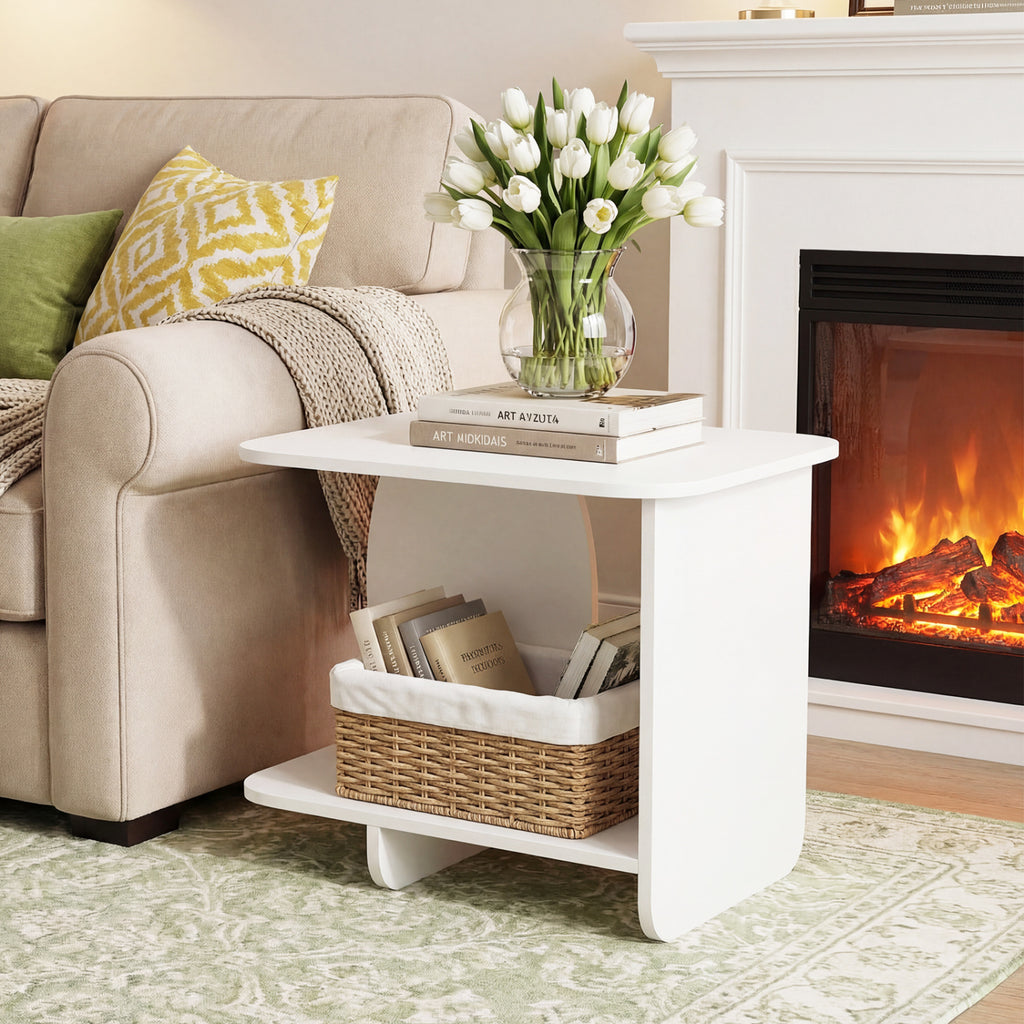 End Table with 2-Tier Storage Shelf, White