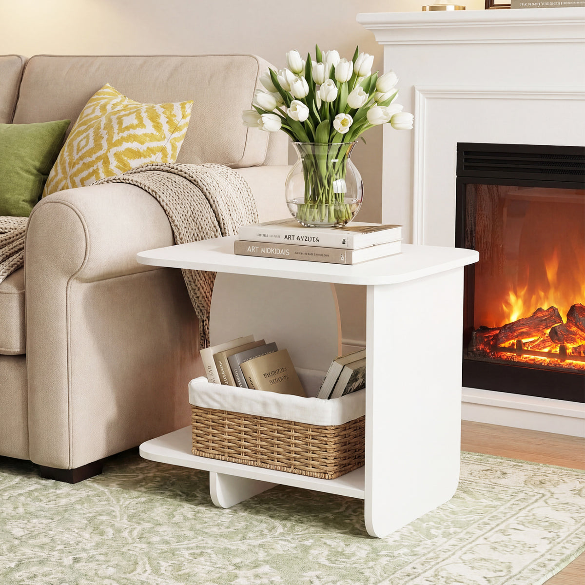 End Table with 2-Tier Storage Shelf, White