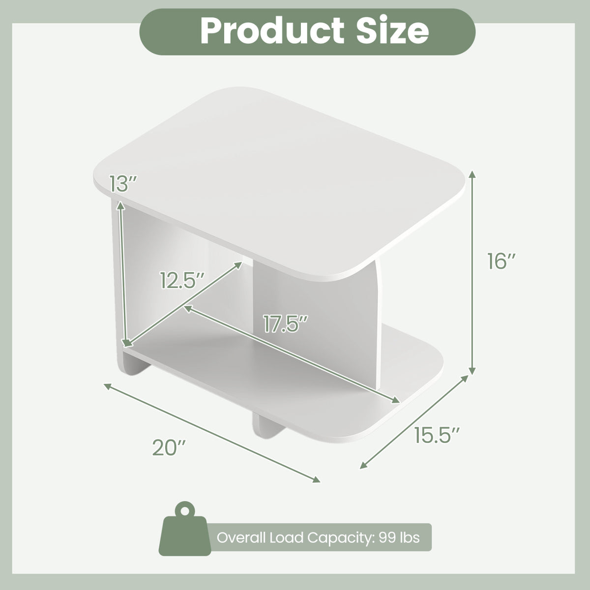 End Table with 2-Tier Storage Shelf, White