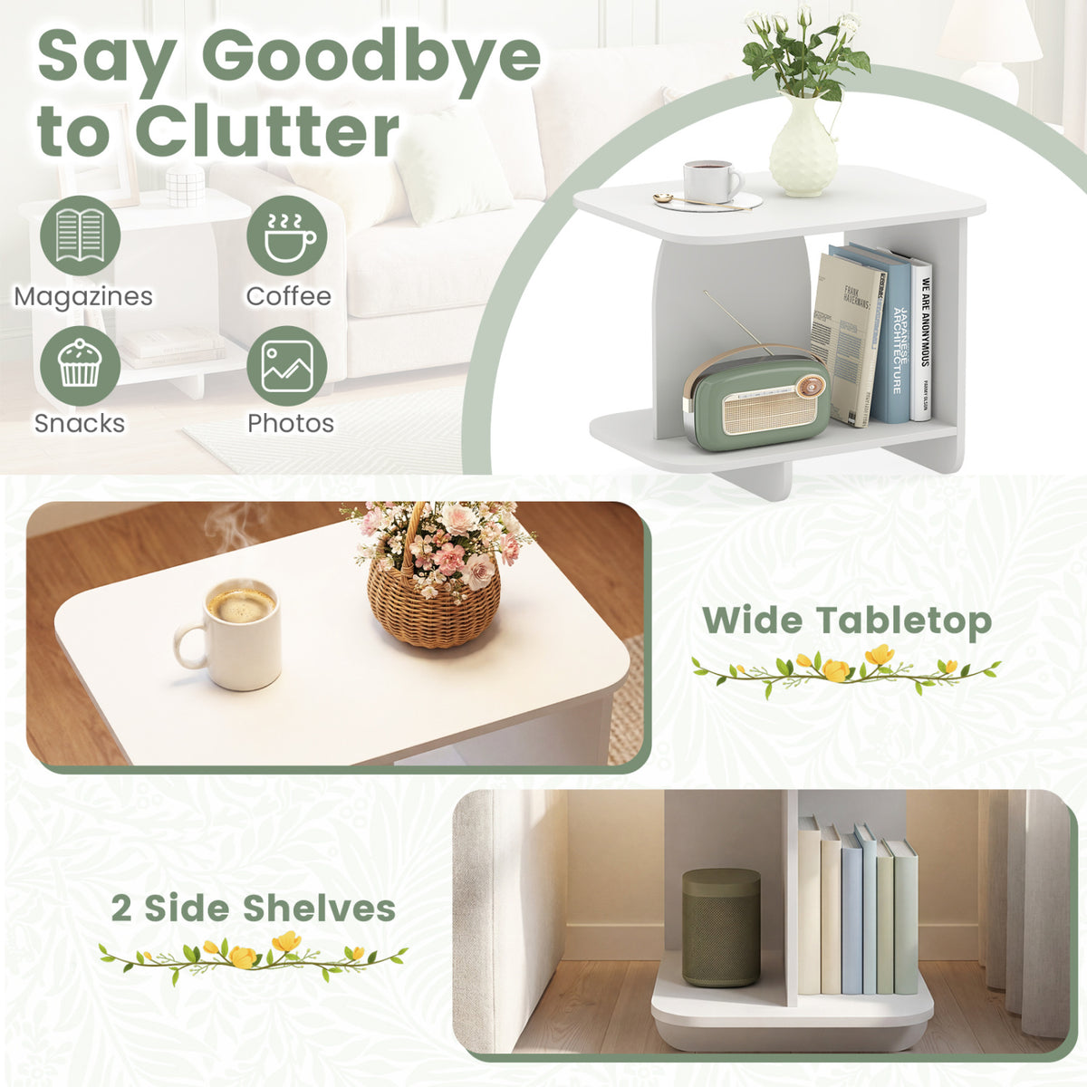 End Table with 2-Tier Storage Shelf, White