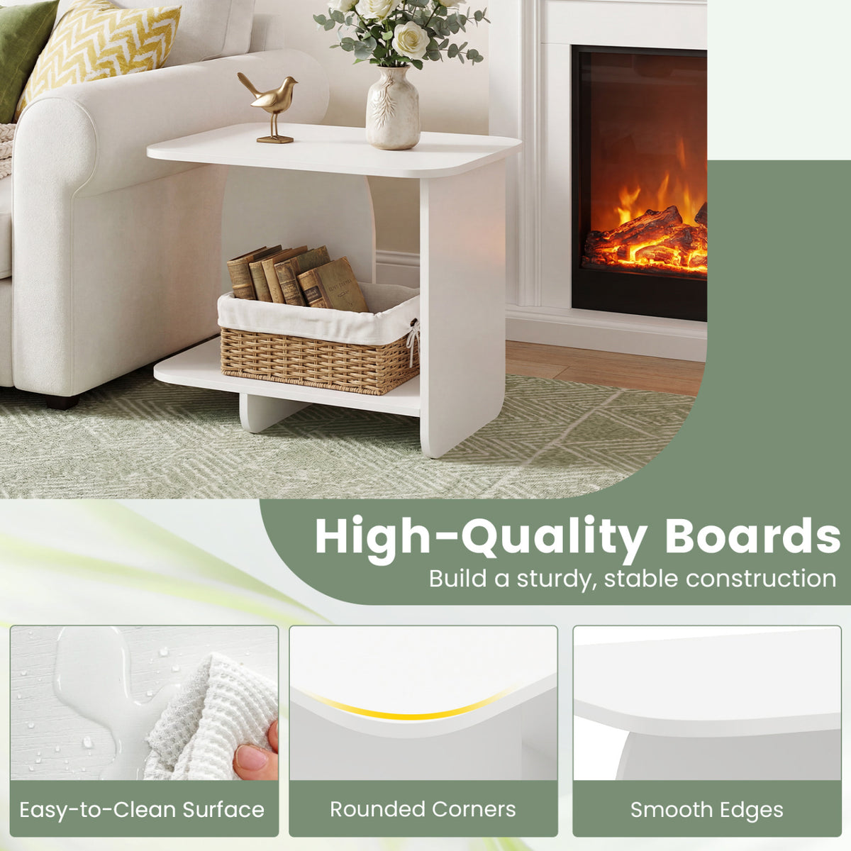 End Table with 2-Tier Storage Shelf, White